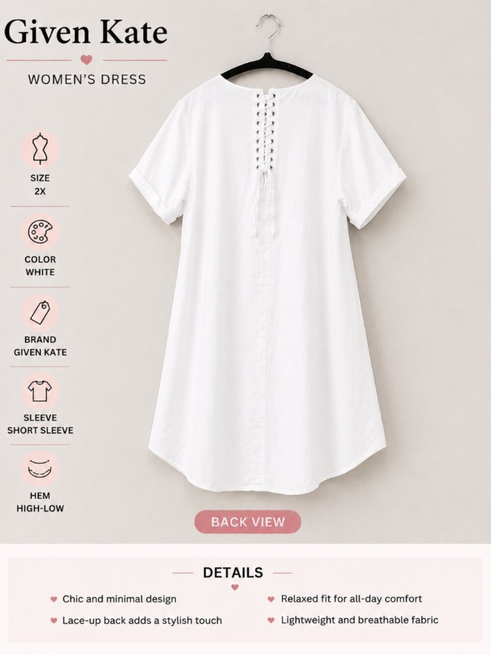 Given Kate White Shift Dress Size 2X. Features a stylish lace-up back, Cotton